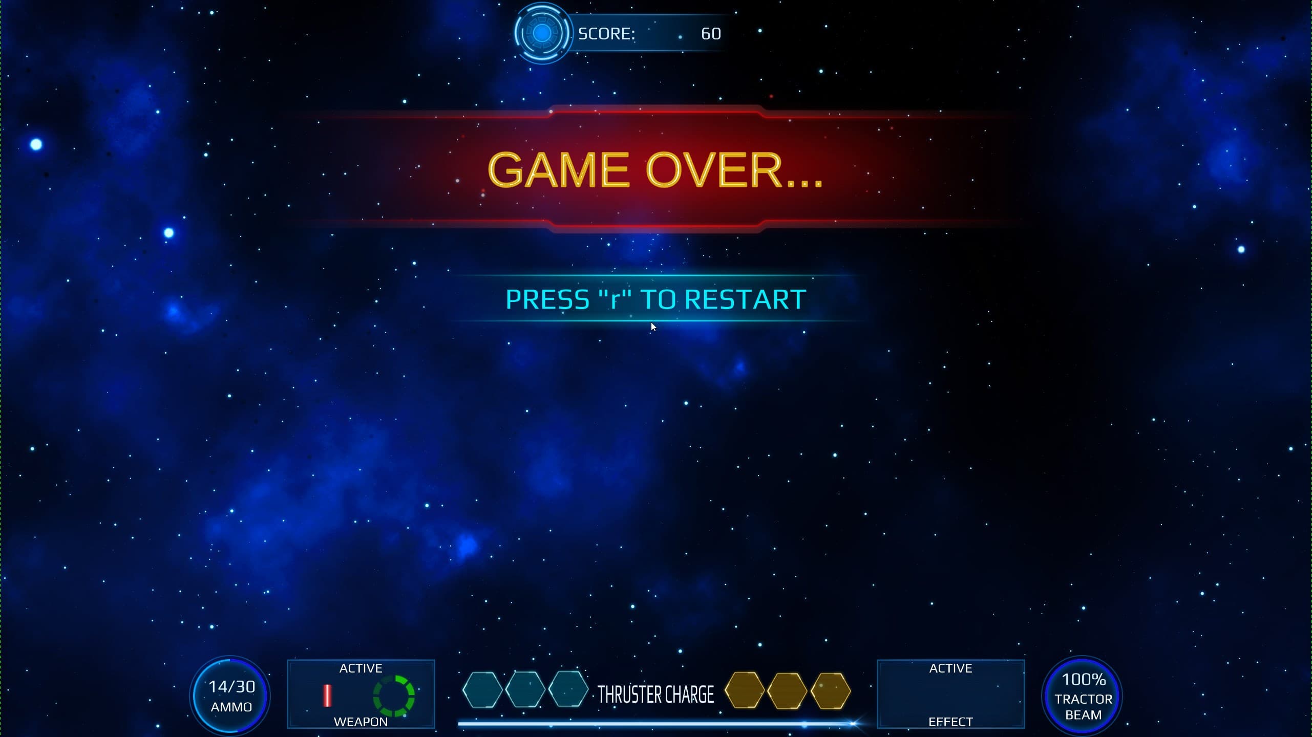 Screenshot from Milkyway Defence Force displaying the 'Game Over' screen. The screen shows a vibrant red and yellow 'GAME OVER' banner across the middle, with a prompt below saying 'PRESS R TO RESTART'