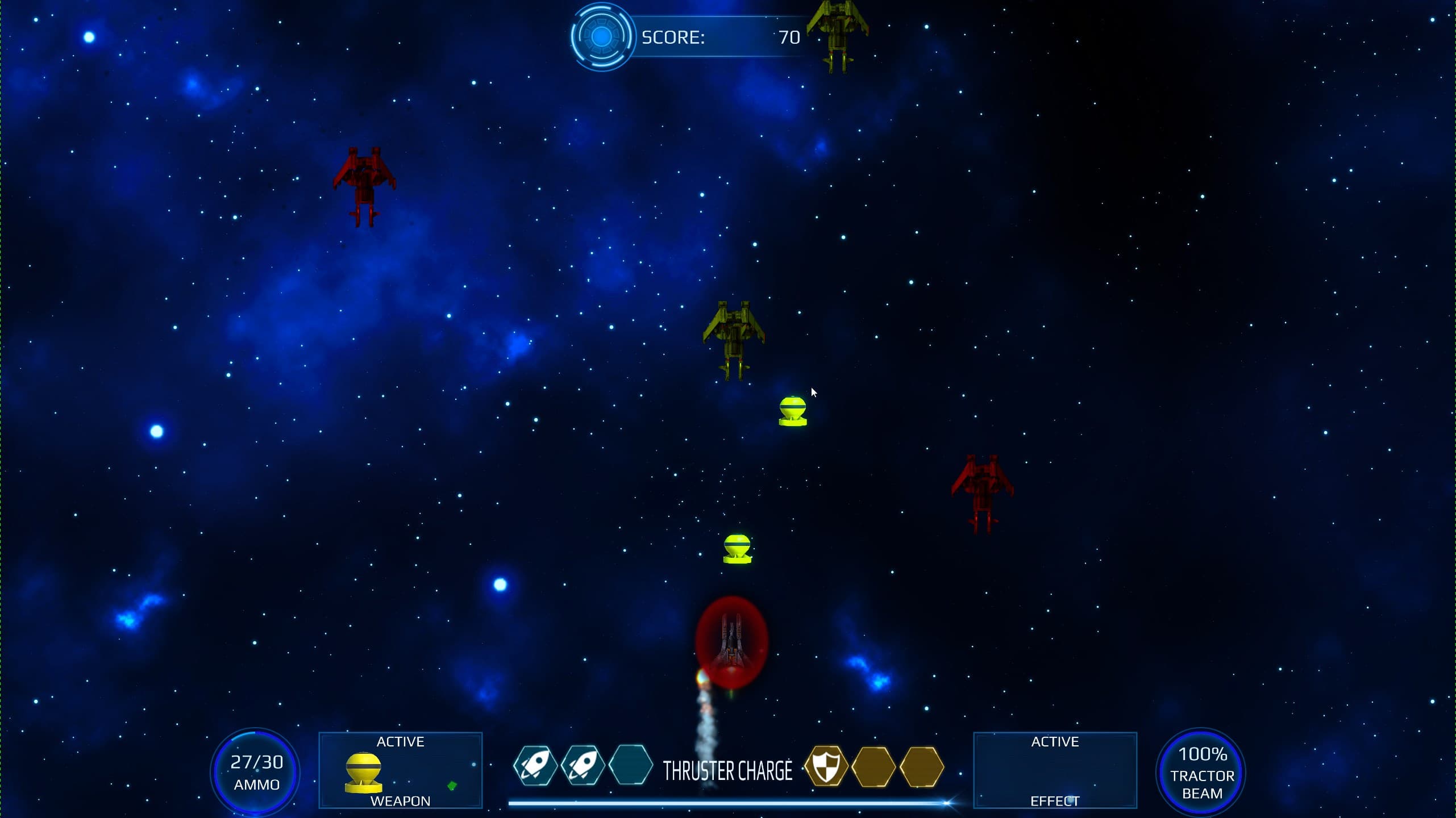 Screenshot of Milkyway Defence Force game play. The hud displays the current score, ammunition count, active weapons status, amount of thruster charge, remaining tractor beam charge and health status. There are 4 enemies on screen, 2 of which are yellow space ships and 2 are red. The player ship is smoking from one of the engines. The player ship has fired some bombs which are moving up screen. The player ship is surrounded by a red shield.