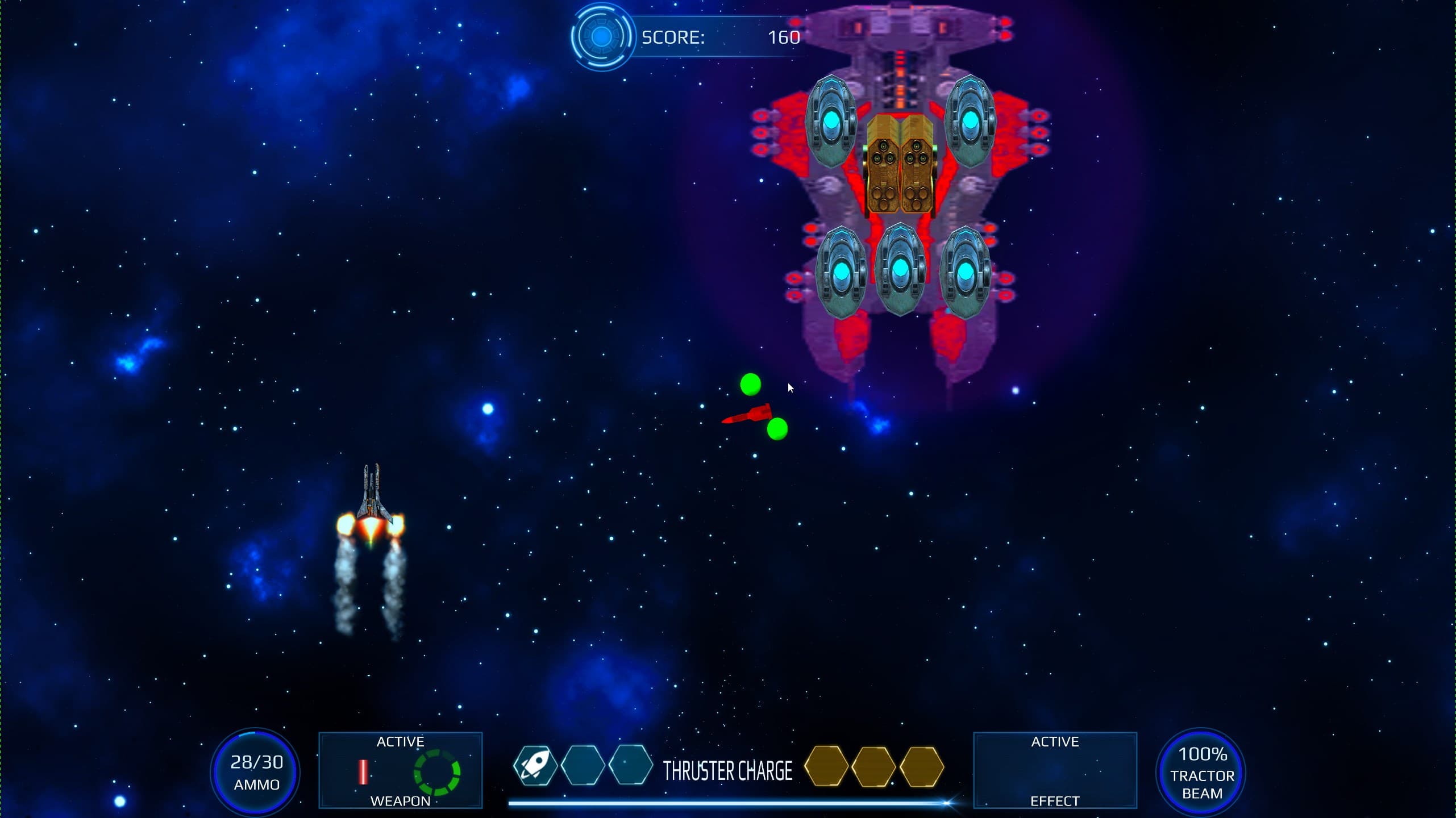 Screenshot from Milkyway Defence Force showing a boss battle scene. The player has fire coming from both engines indicating it has only one remaining hit point. The boss enemy is quite large taking up about a third of the the screen height. The boss has five active plasma turrets, one active missile turret and a large shield. There is a homing missile moving towards the player, as well as two plasma balls near the missile.