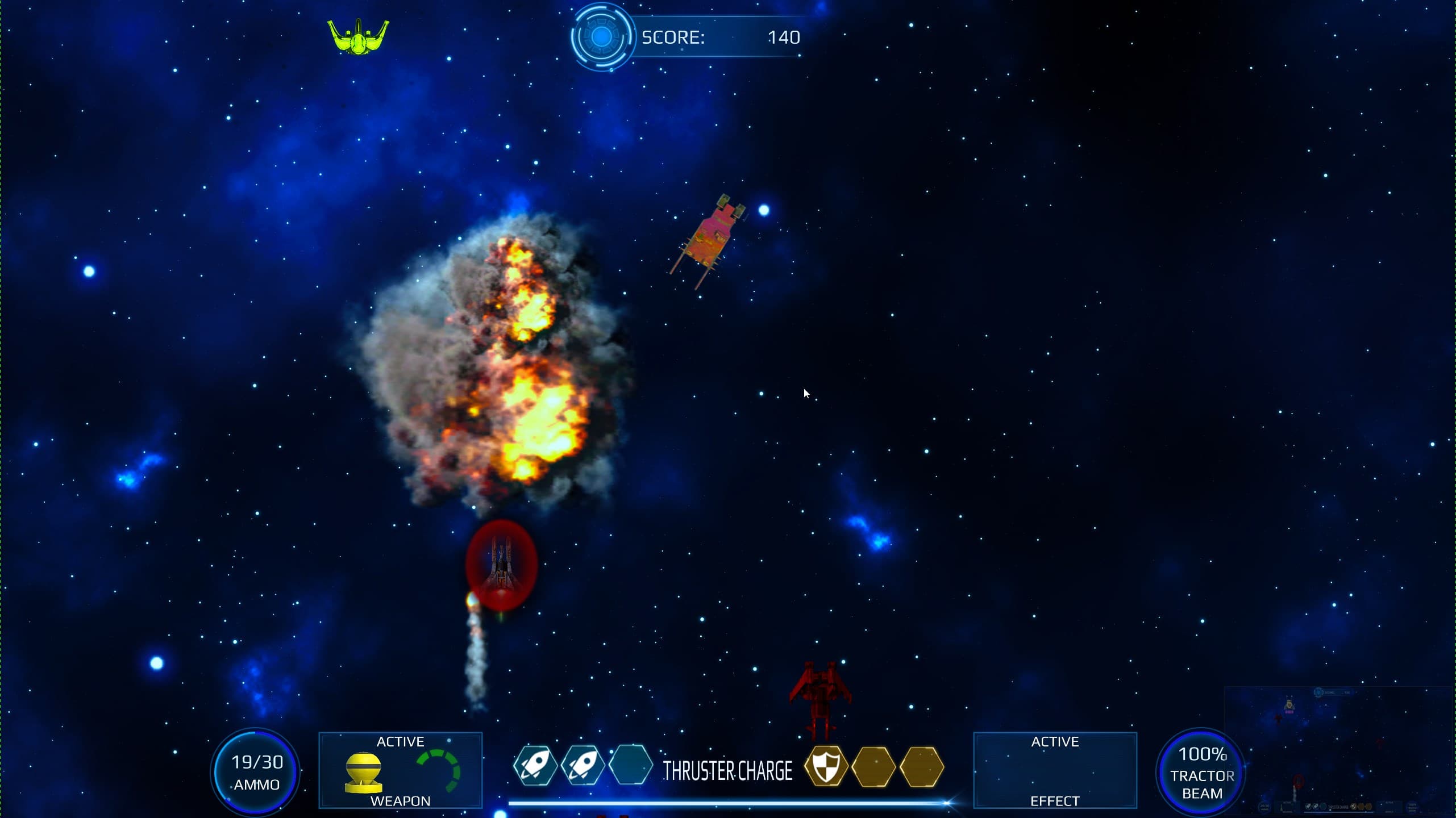 Screenshot from Milkyway Defence Force depicting a dramatic moment in gameplay. The player's ship is surrounded by a red shield, and a large explosion is visible, representing an enemy ship being destroyed. Three enemy ships, two generic ones which are yellow red, and a smaller yellow one, are visible on screen.