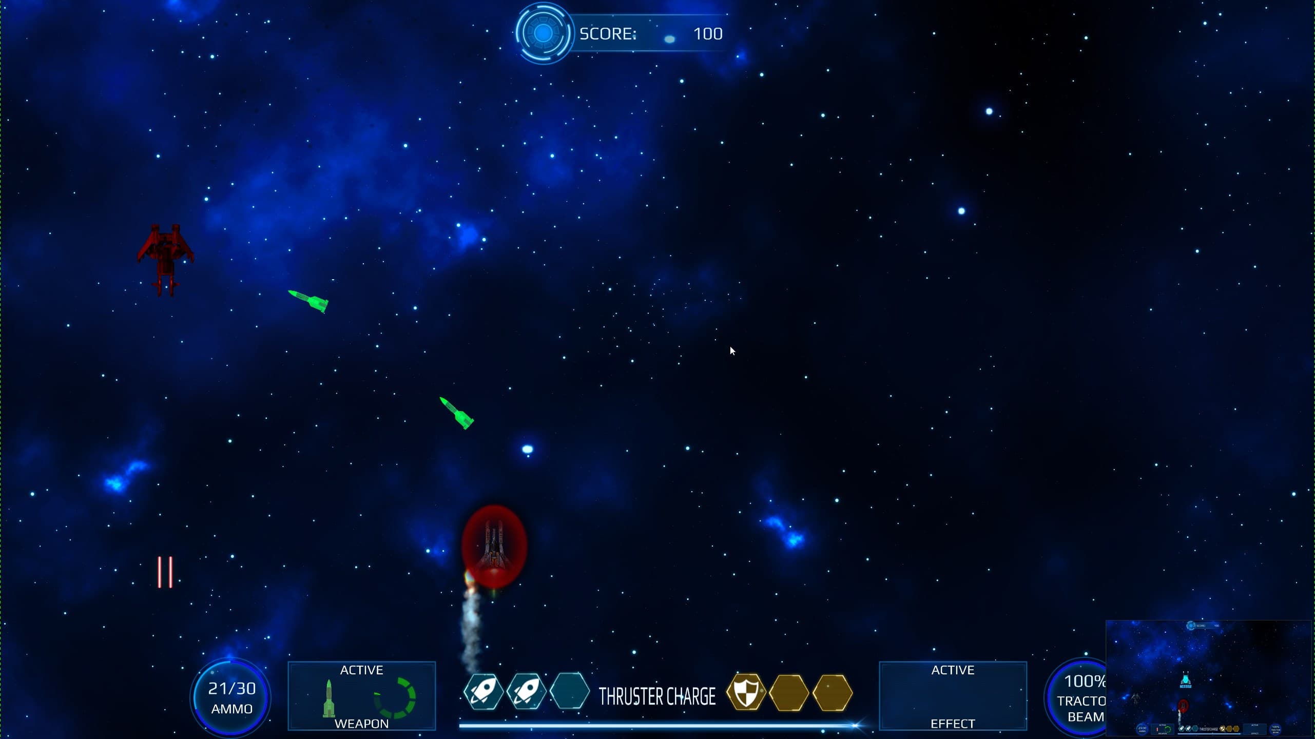 Screenshot from Milkyway Defence Force depicting a dramatic moment in gameplay, where the player has fired two homing missiles which are rotating and moving towards a generic red enemy ship.