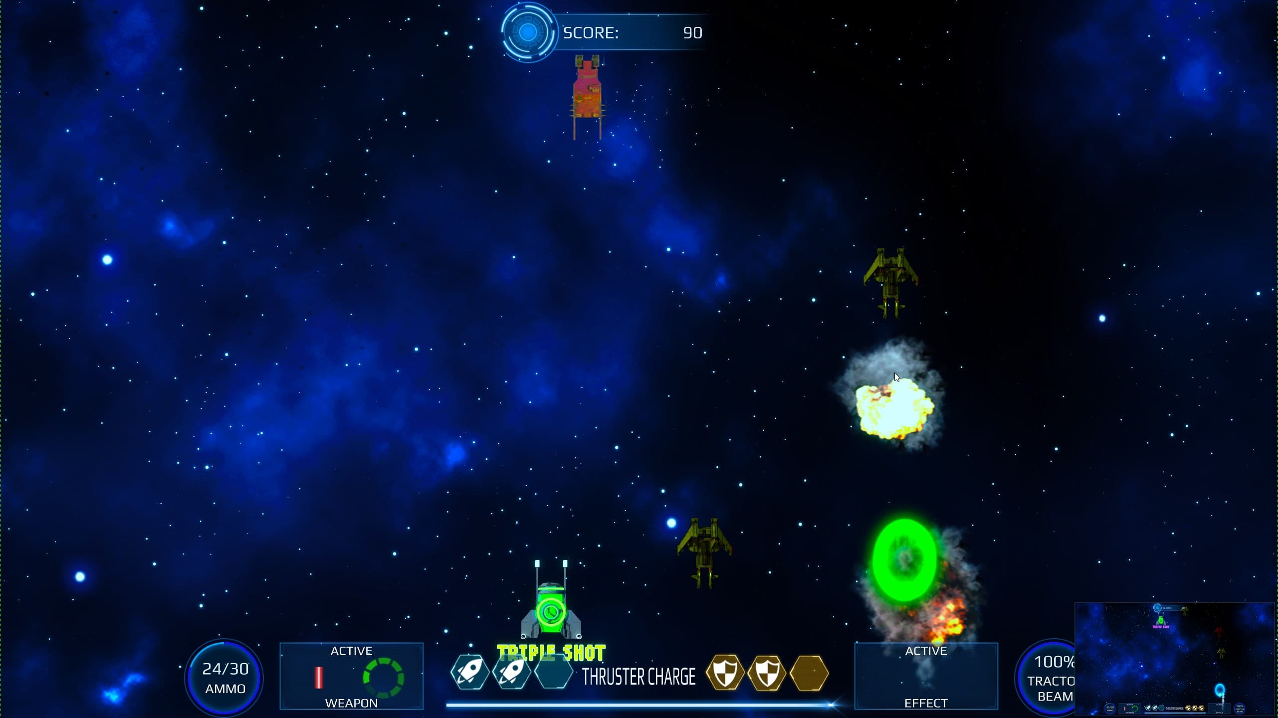Screenshot from Milkyway Defence Force  showing active combat. The player is surrounded by an explosion indicating it was just hit, as well as a green shield showing it has more charges remaining. There is a green powerup on the screen, displaying the words 'Triple Shot'. There are three enemy ships on the screen, two generic yellow ones and a square orange one.