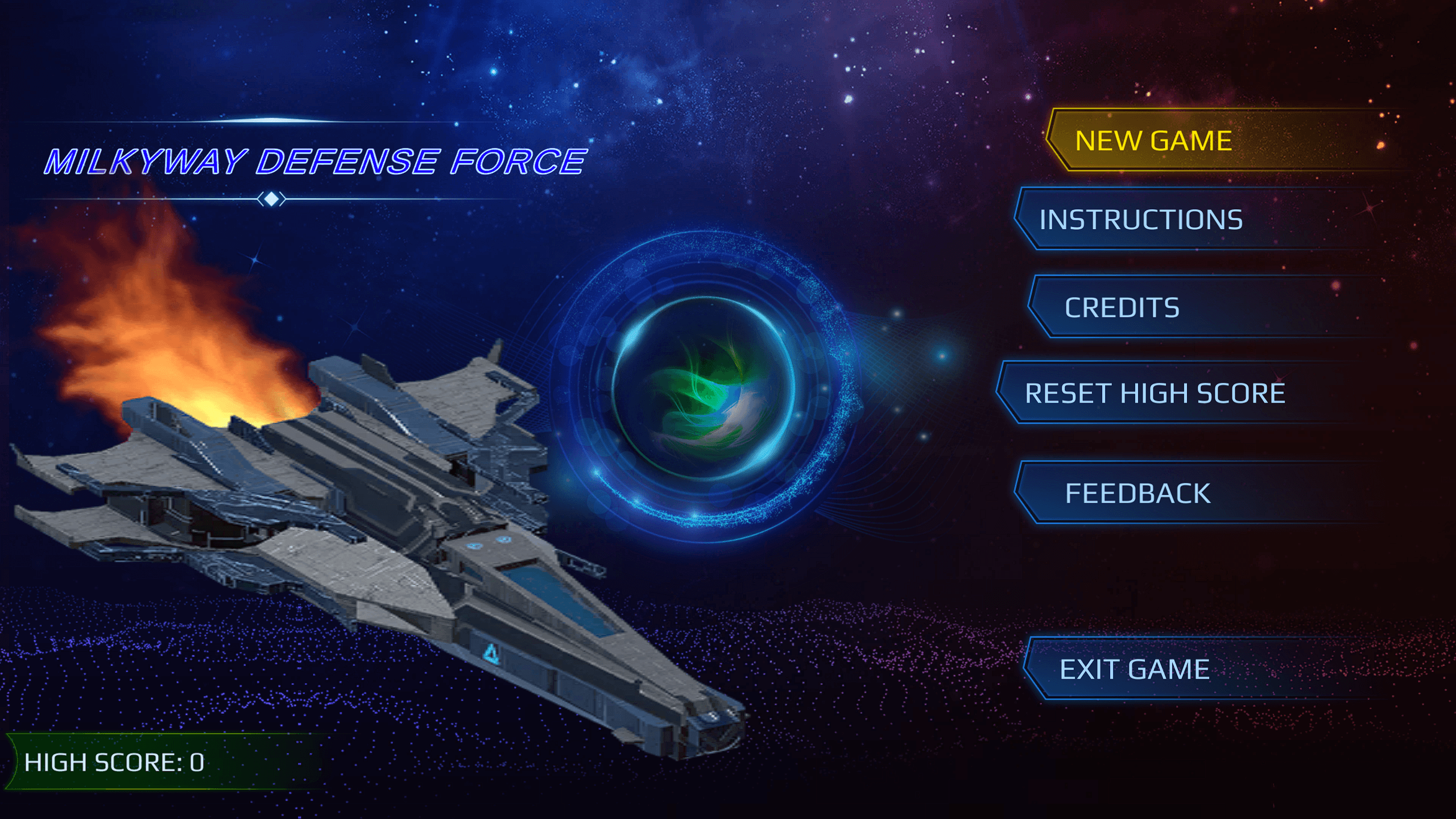 Screenshot of Milkyway Defence Force main menu. There is an image of a spaceship with the title 'Milkyway Defence Force' overlayed, The menu options are 'Play, Credits, Instructions Reset High Score and Exit Game'. The high score is displayed in the bottom right corner but no value is provided