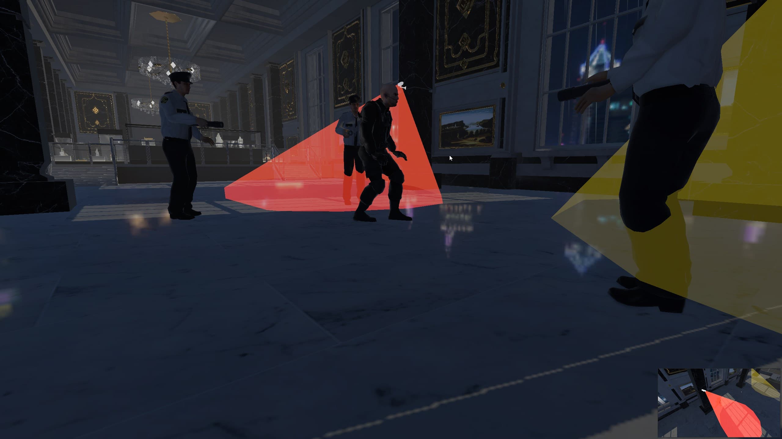Screenshot from 'The Great Fleece' capturing the game over cutscene where the player's character has been caught. Dressed in a dark stealth suit, the player is surrounded by three security guards in a museum hall with dark marble walls and golden accents. All guards are pointing their flashlights directly at the player. Additionally, a security camera's field of view indicator has turned red, signaling that the player is under surveillance and detected.