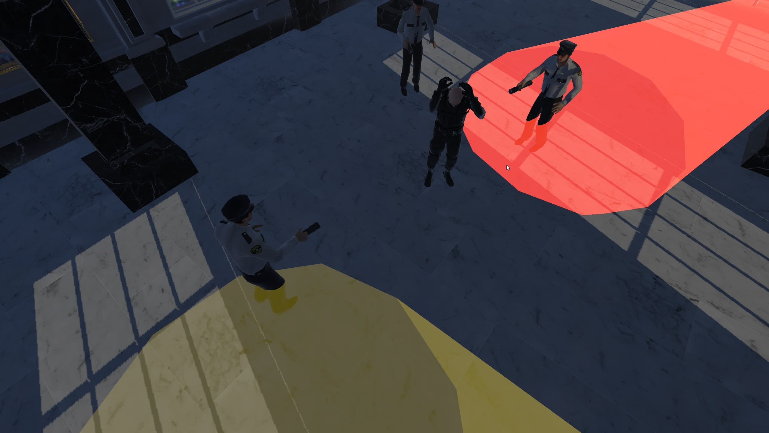 Screenshot from 'The Great Fleece' during a game over cutscene, viewed from an elevated angle.