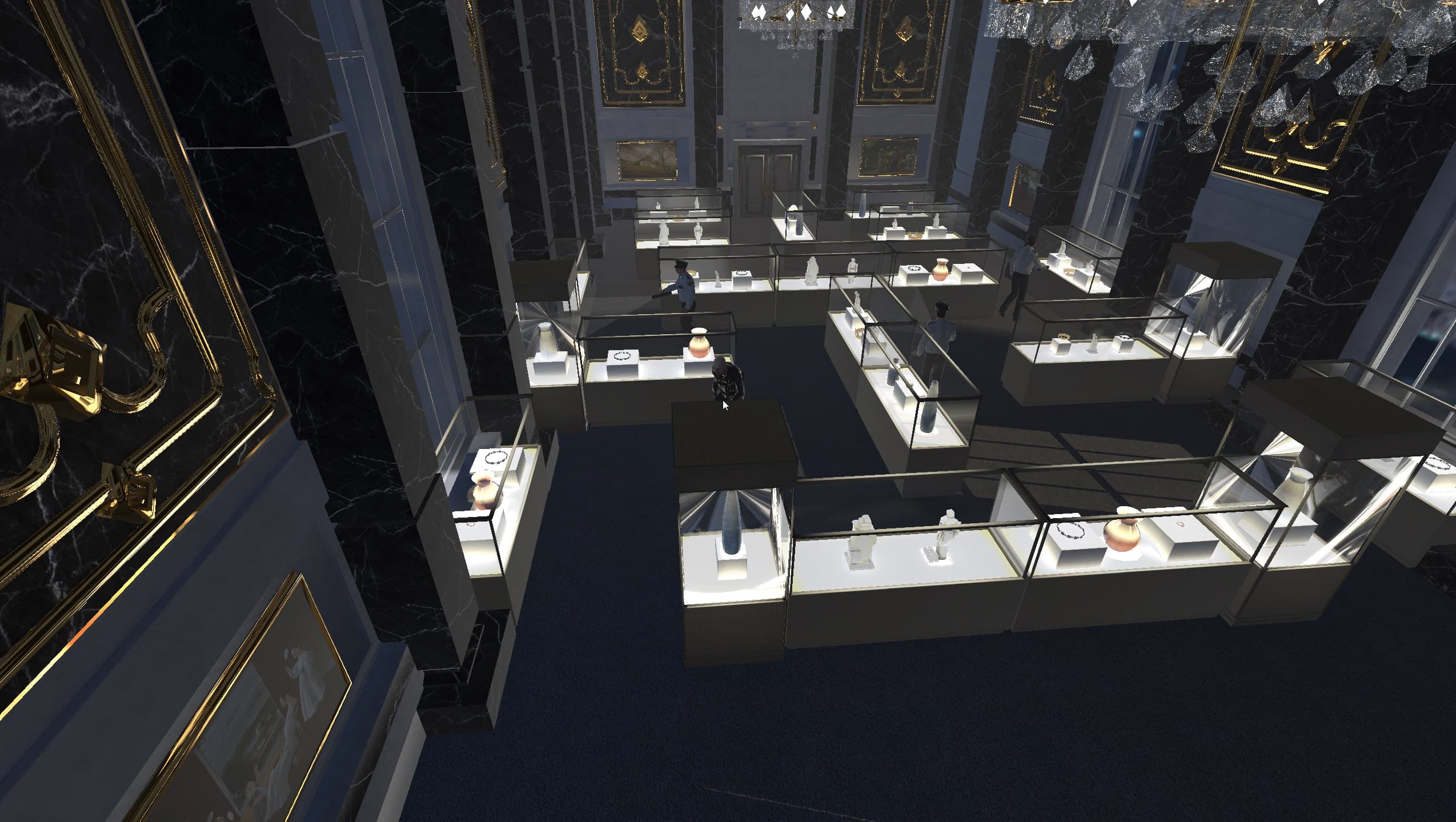 Screenshot from The Great Fleece showing a richly decorated and luxurious museum interior where the game is set. The museum features marble floors and dark marble columns, with large golden chandeliers hanging from the ceiling. The main floor is filled with glass display cases showcasing various valuable items. Multiple security guards patrol the area. The player's character is seen navigating through the museum, possibly strategizing a stealth approach to avoid detection.