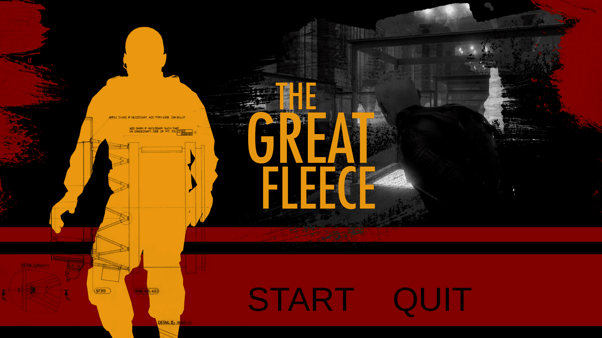 Screenshot of title screen of the Great Fleece. It is a stylized design with a monochrome background divided by a bold red horizontal stripe. On the left, a large, opaque silhouette of a man is filled with schematic design plans, indicating a stealth aspect of the game. On the right, scenes from the game show a dark, shadowy museum environment, suggesting the setting for the stealth missions. The game's title, 'The Great Fleece', is prominently displayed in a large, bold font across the image.
