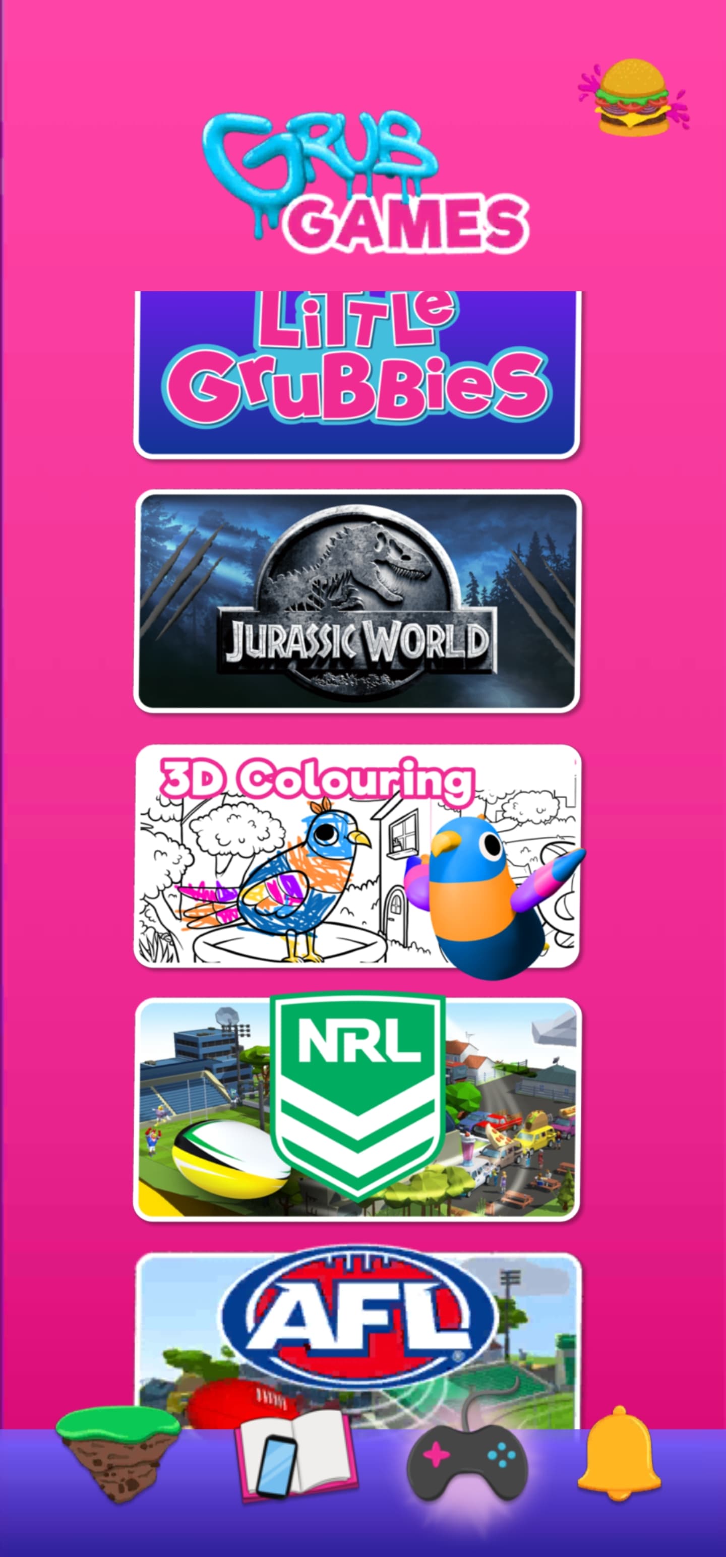 Screenshot of Games Brand Menu. The Brands displayed are 'Little Grubbies, Jurassic World, 3D colouring, NRL and AFL'