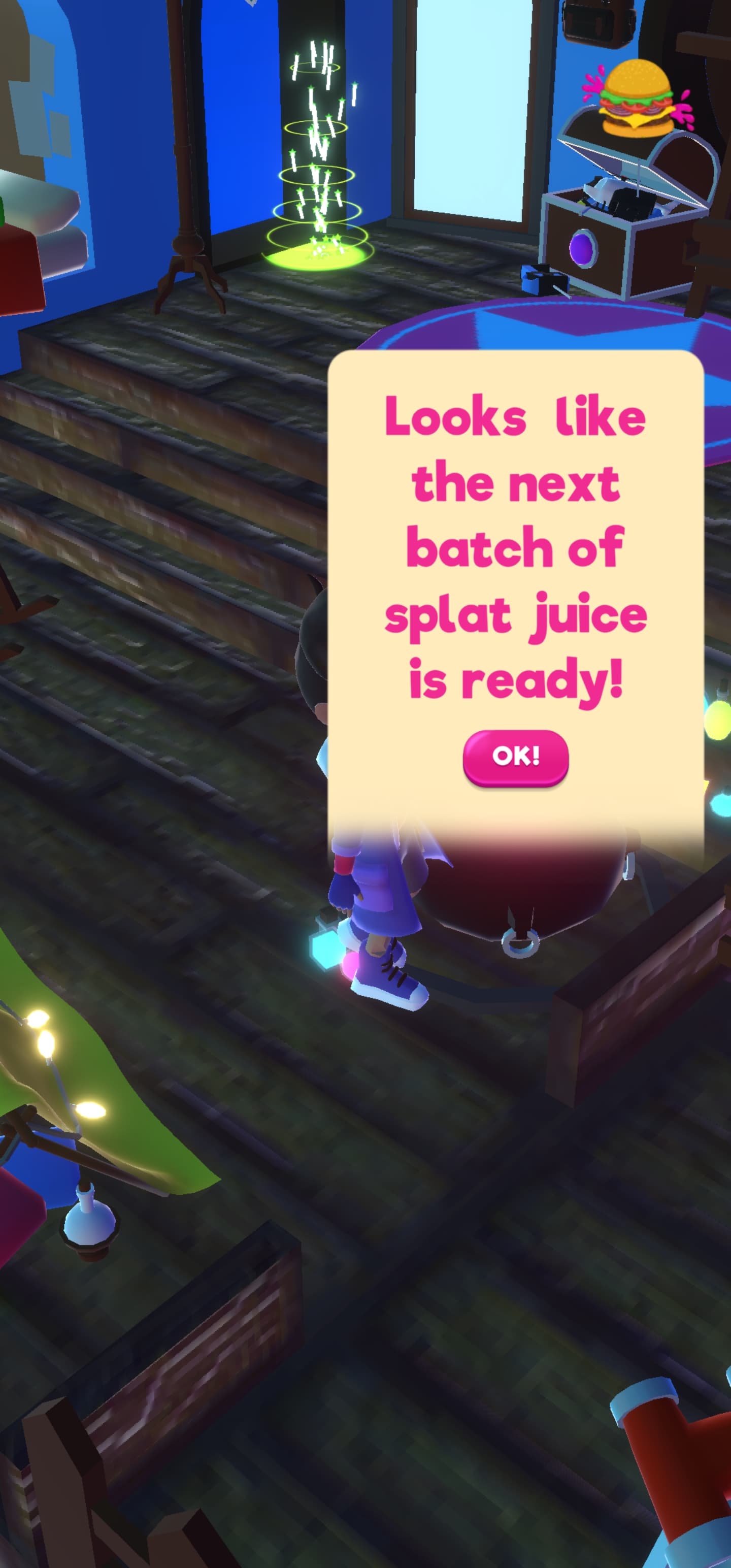 Screenshot of The Lab interior with the cauldron interaction active. The interaction text reads: 'Looks like the next batch of splat juice is ready'