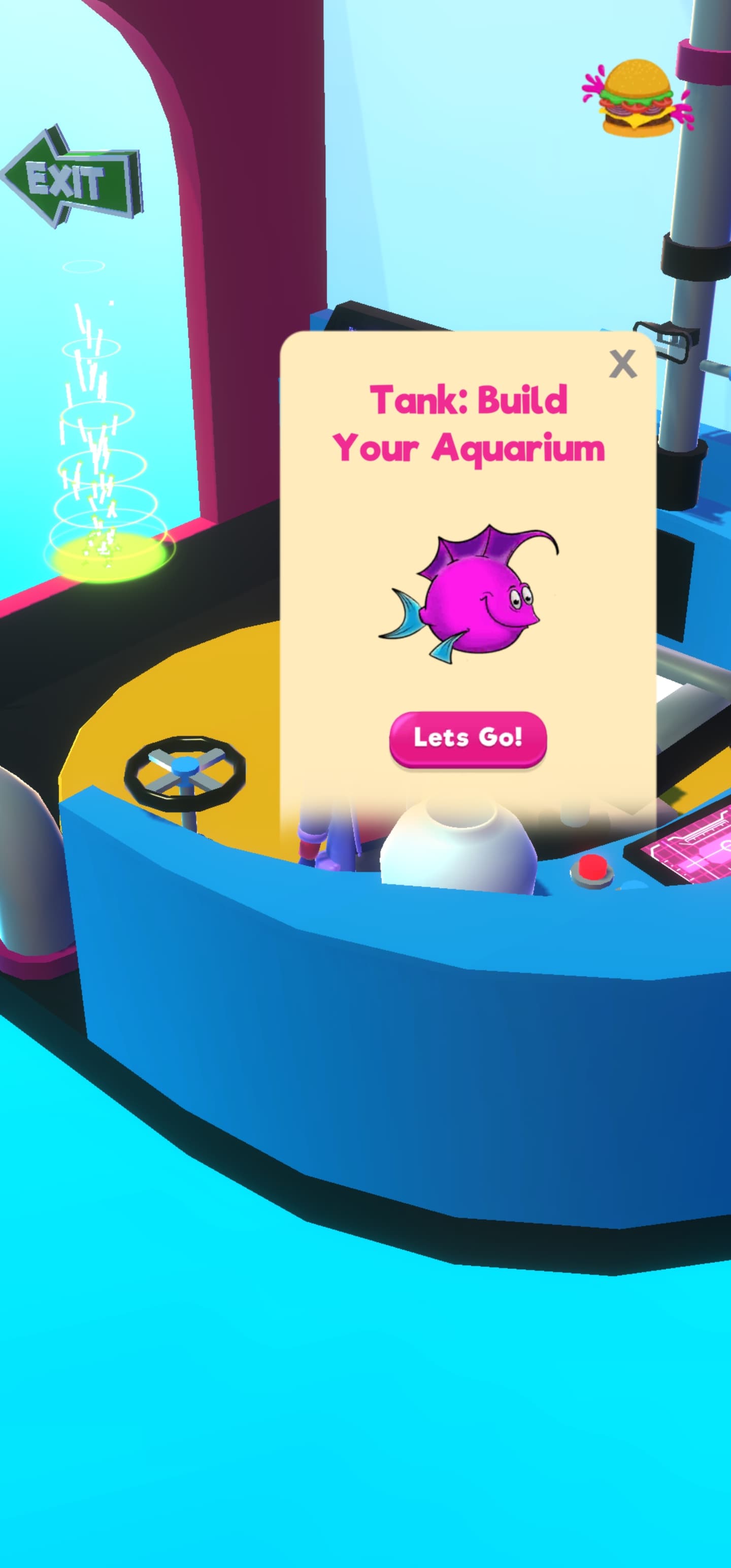 Screenshot, of Under The Sea interior with the aquarium interaction active. The interaction text reads: 'Tank: Build your Aquarium'