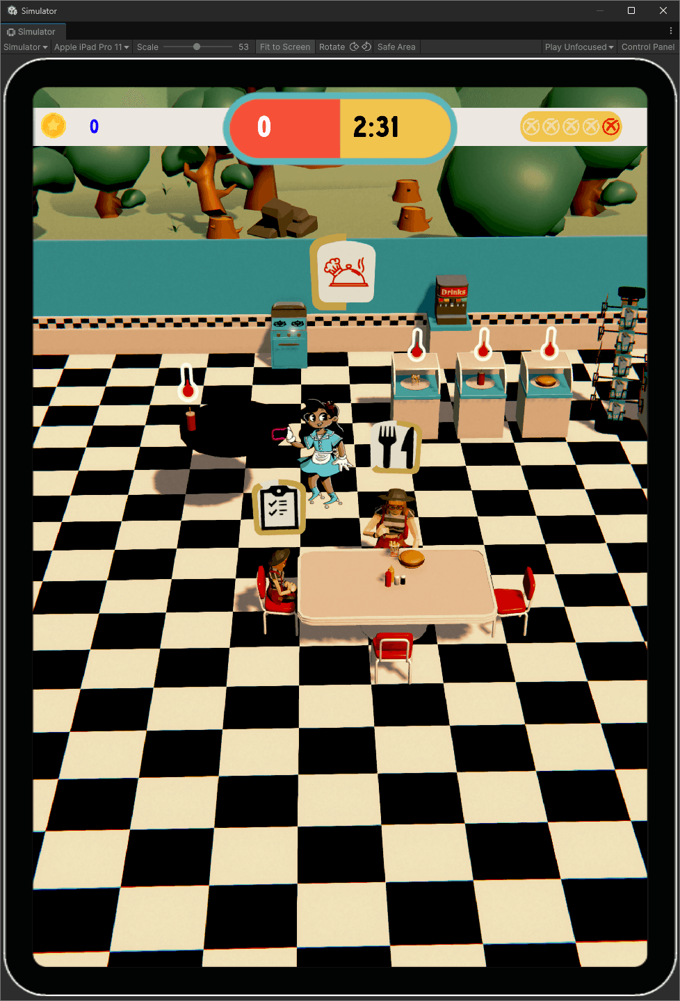 Image of game play showing the player with their food tray which visually shows the drink in the inventory, a customer waiting to order and a customer eating a burger