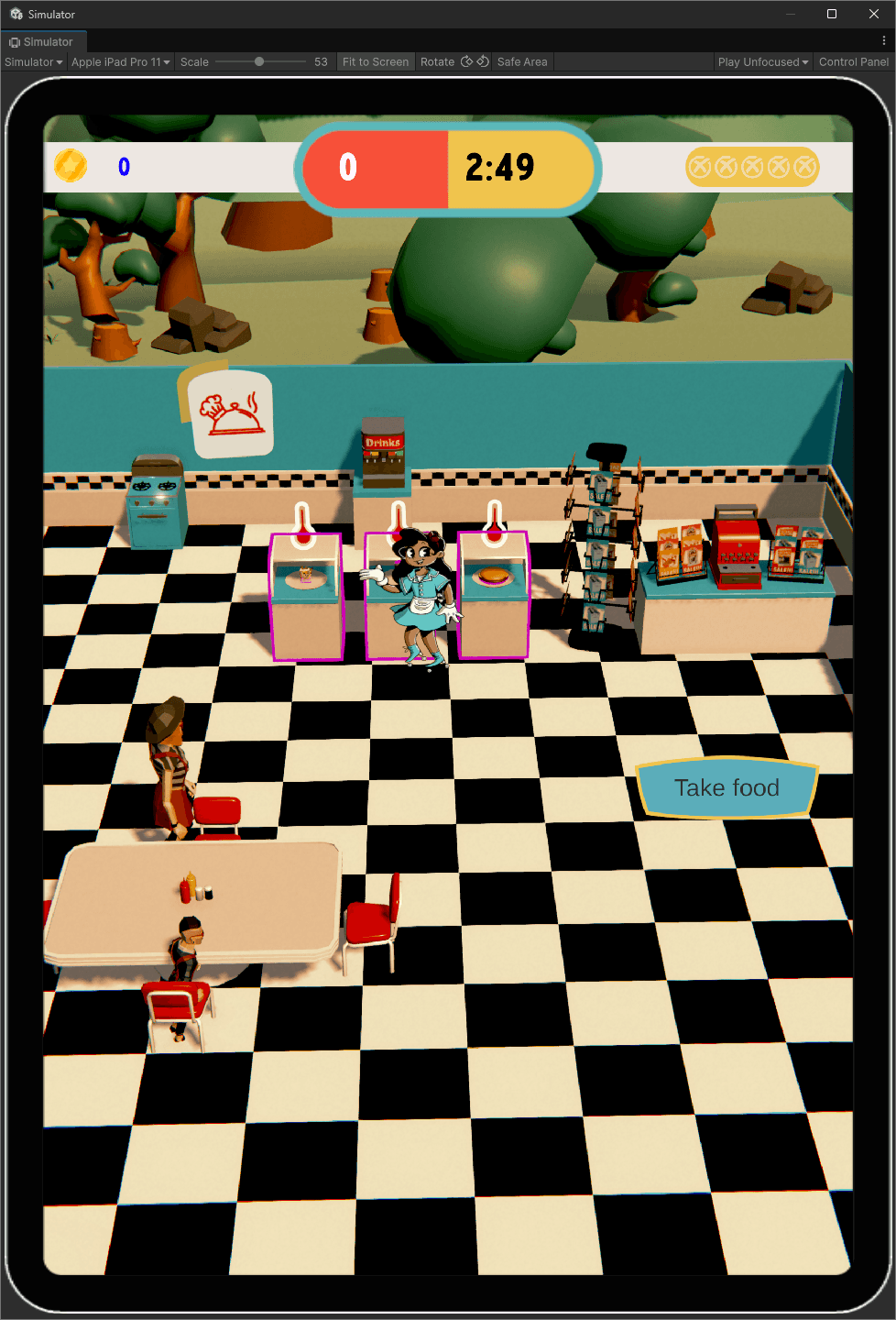 Image of game play showing the food counter. take food prompt, a customer waiting to order and kides running around