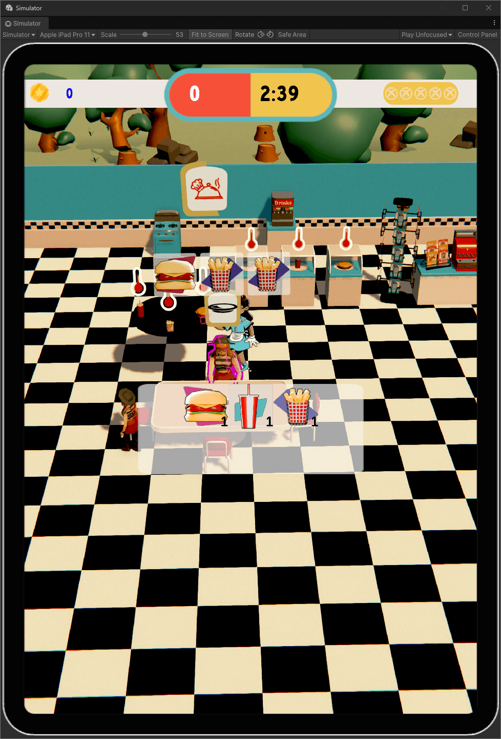 Image of game play showing the customer order, and the player inventory