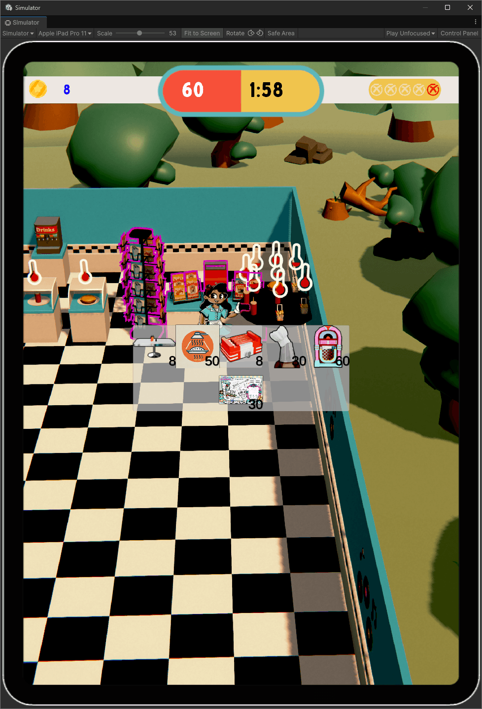 Image of game play showing the upgrade menu - table, heatlamps, hotdogs, chef, jukebox, placemats