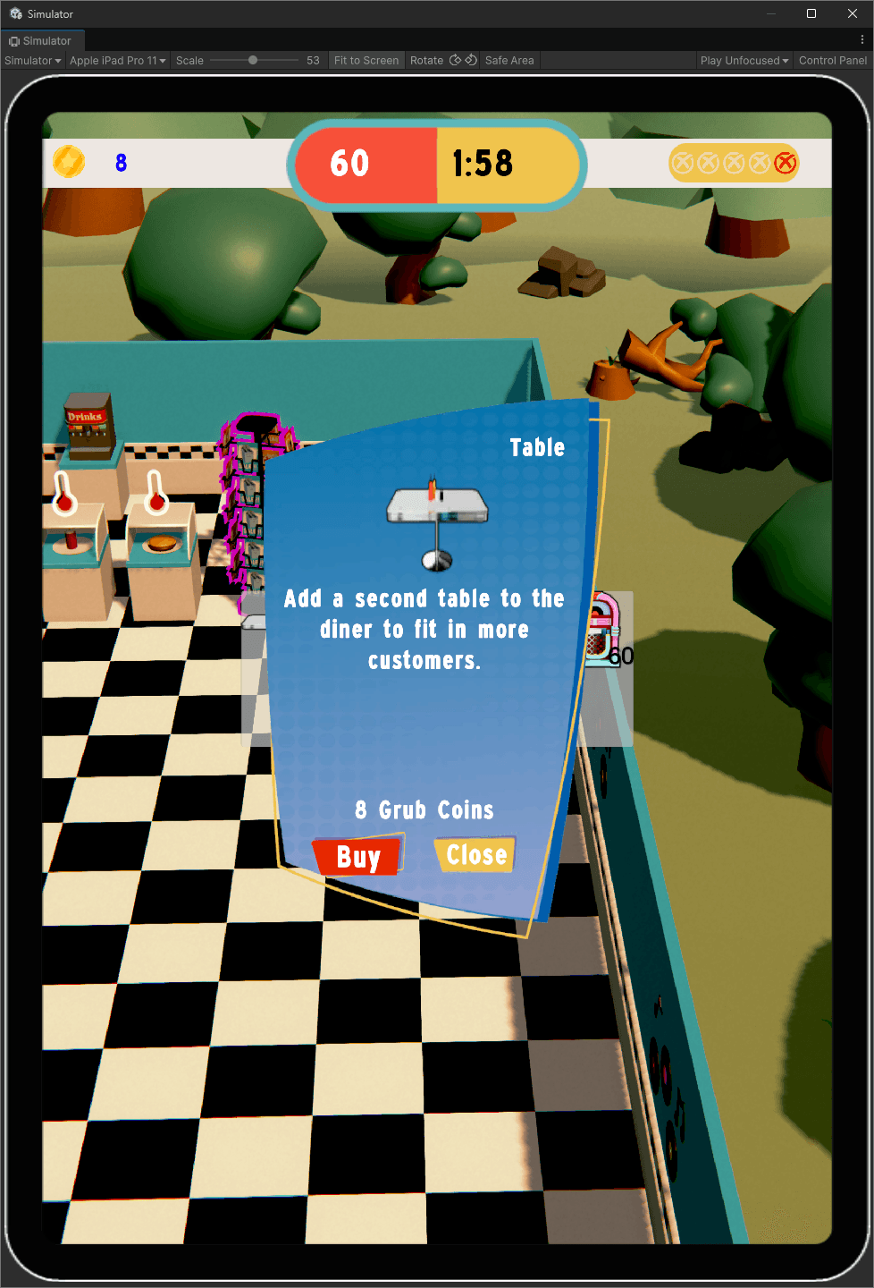 Image of game play showing the upgrade menus table menu open