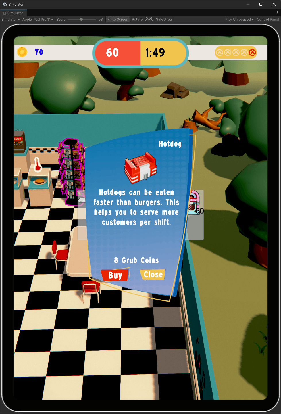 Image of game play showing the upgrade menus hotdog menu open