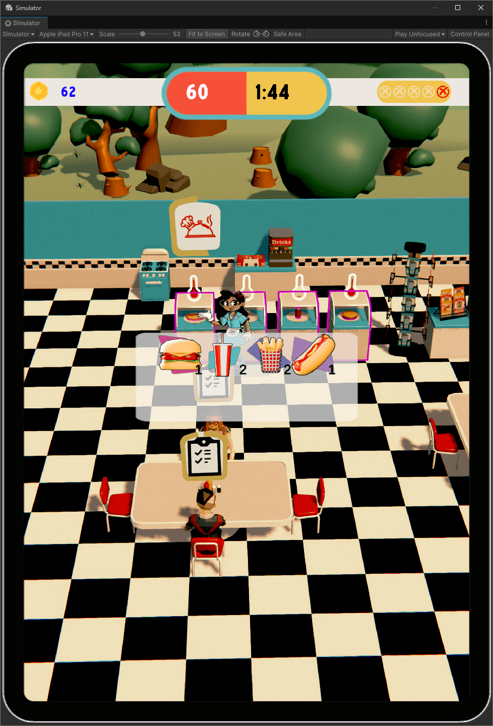 Image of game play with the kitchen menu open showing all current options - burger, soda, fired, hotdog
