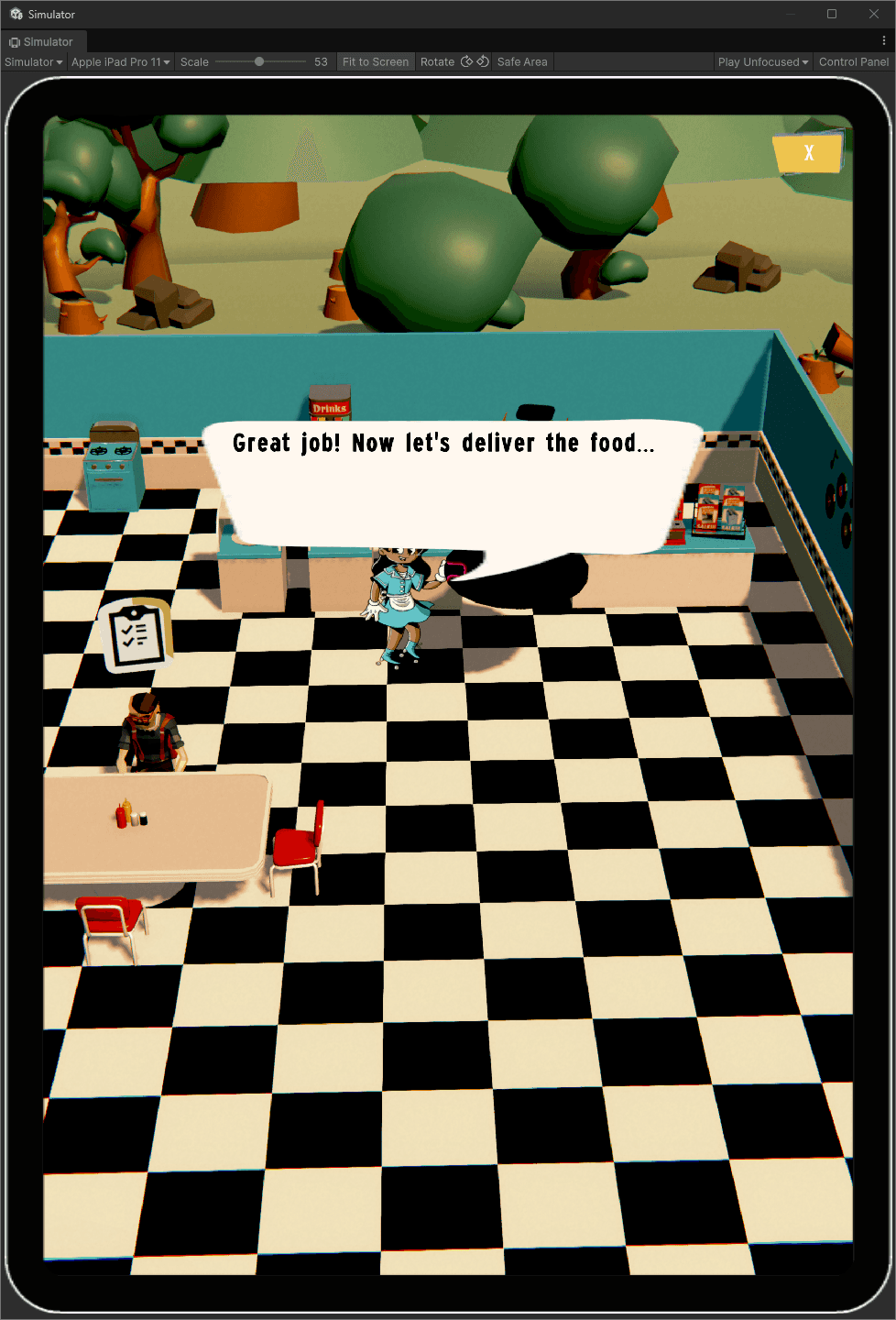 Image of the tutorial with the server saying Great Job! Now let's deliver the food